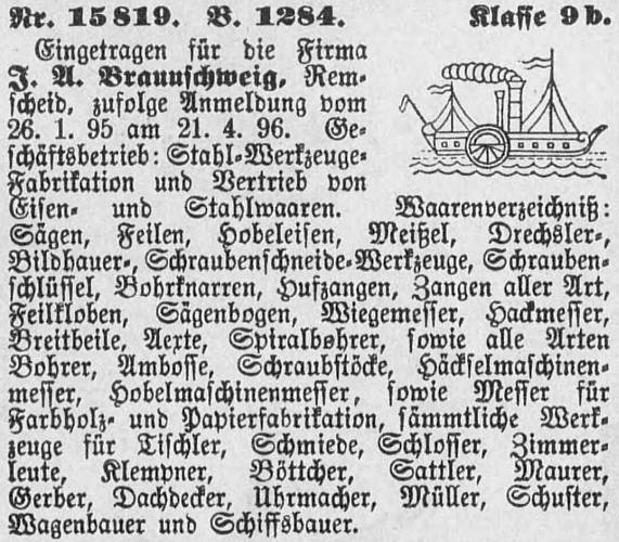 Markenanmeldung J. A. Braunschweig, 1896