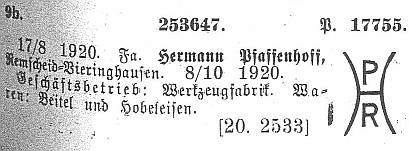 Markenanmeldung Hermann Paffenhoff, Remscheid, 1920