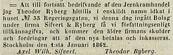 Anzeige Axel Sifvert 1862