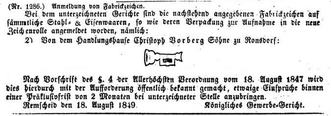 Markenanmeldung Christoph Vorberg, 1849