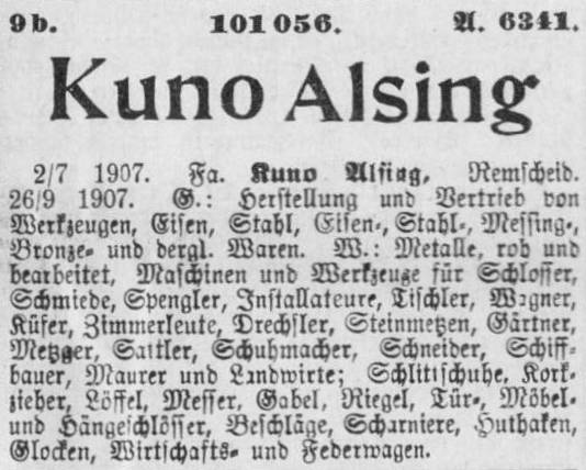 Markenanmeldung Kuno Alsing 1907
