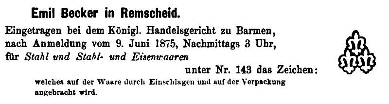 Markenanmeldung Emil Becker 1875