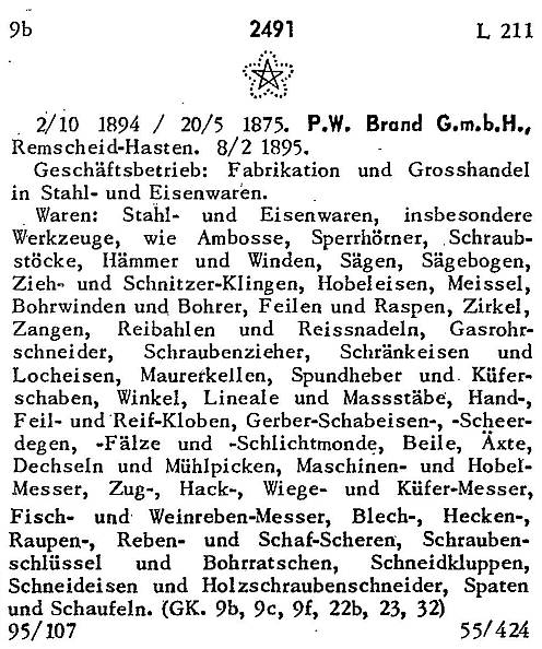 Markenanmeldung P. W. Brand, 1894