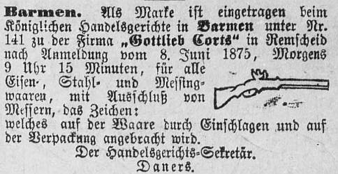 Markenanmeldung Gottlieb Corts 1875