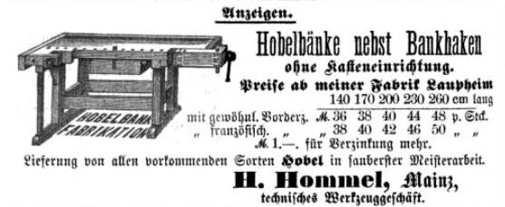 Anzeige Hobelbänke und Hobel, H. Hommel, Mainz/Laupheim