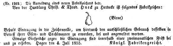 Markenanmeldung, Gebr. Hueck, 1855