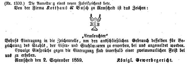 Markenanmeldung Kotthaus & Busch 1859
