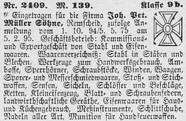 Markenanmeldung Joh. Pet. Müller, 1895