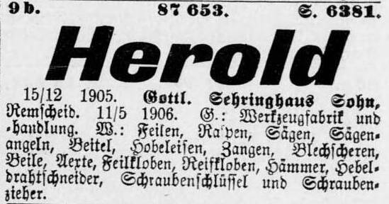 Markenanmeldung Gottlieb Sehringhaus, 1905