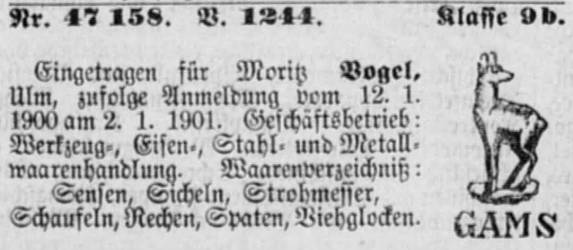 Markenanmeldung Moritz Vogel 1901
