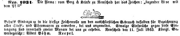 Markenanmeldung Gebr. vom Berg 1863